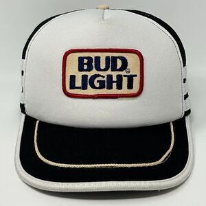 Vintage 80s Bud Light 3 Stripe Trucker Hat Baseball Cap Beer Mesh Snapback White